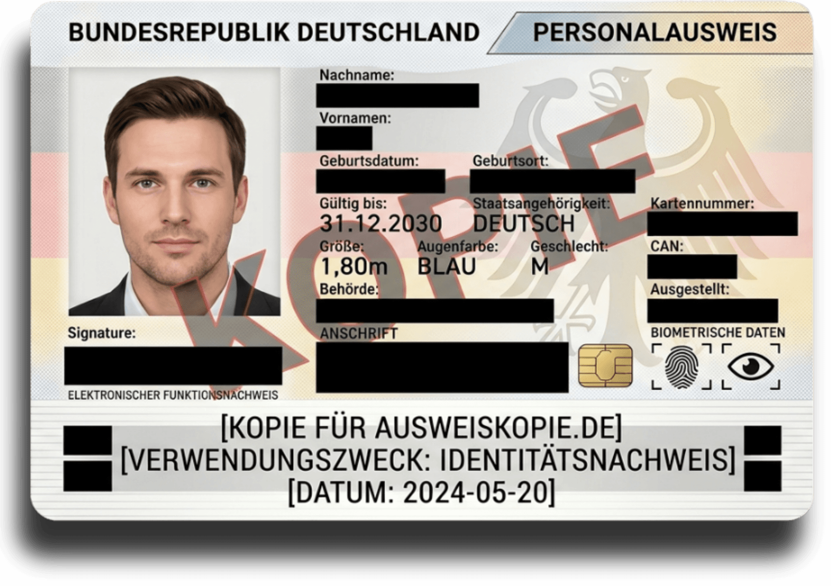 Geschwärzte Ausweisgrafik mit Wasserzeichen